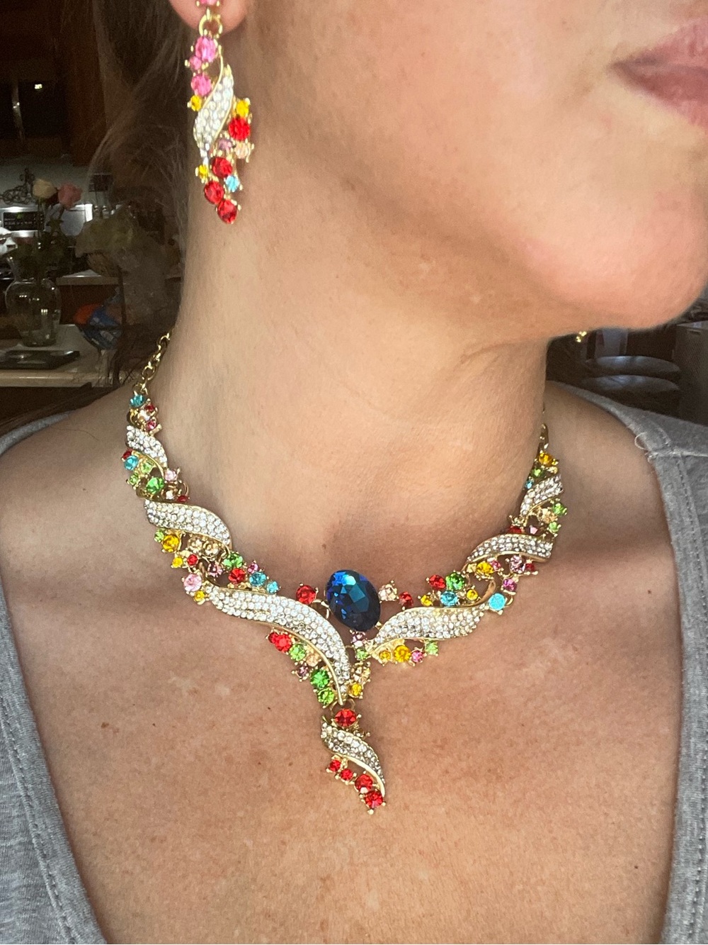 Multicolor Crystal Rhinestone Statement Necklace Earring Set
